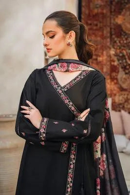 Black Embroidered Kurta with Floral Dupatta - Model Front View