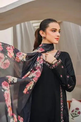 Black Embroidered Kurta with Floral Dupatta - Model Side View