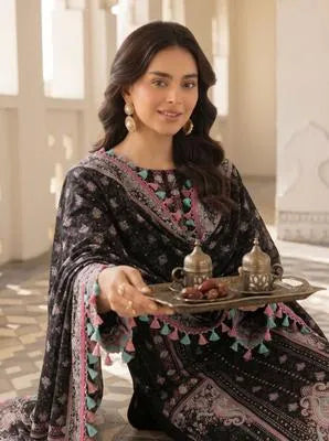Black Embroidered Pajama Set - Model Front View