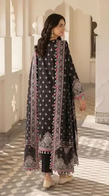 Black Embroidered Pajama Set - Model Back View
