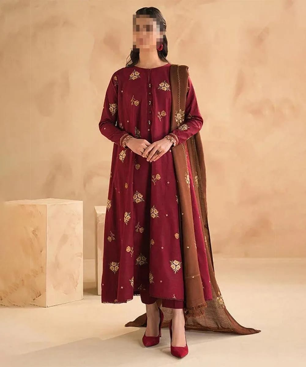 : 3 Pcs Women's Unstitched Embroidered Suit