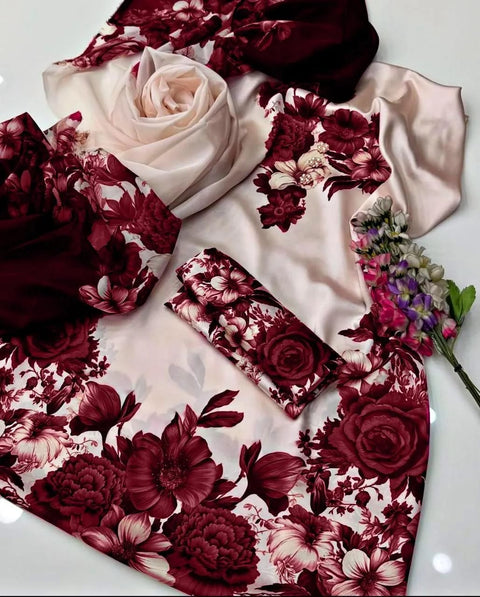 3 Pcs Maroon Silky Printed Suit - Fabric View