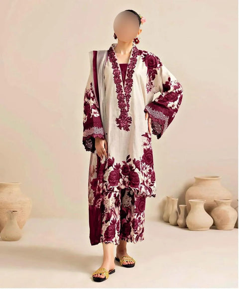 3 Pcs Maroon Silky Printed Suit - Model View