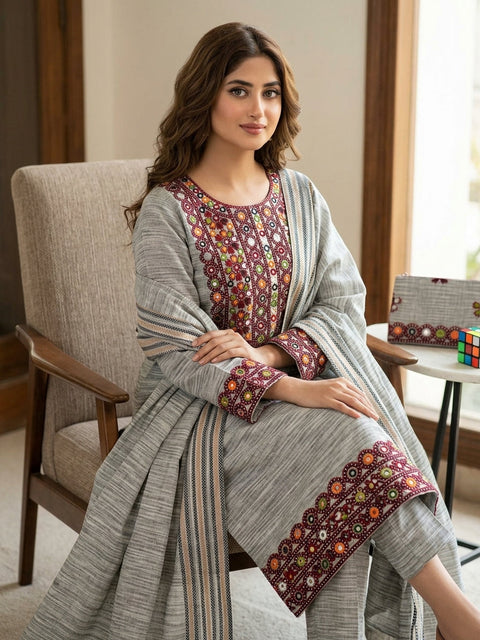 ALHAMDULILAH Winter Formal Dresses | Soft Slub Khaddar 3Pcs