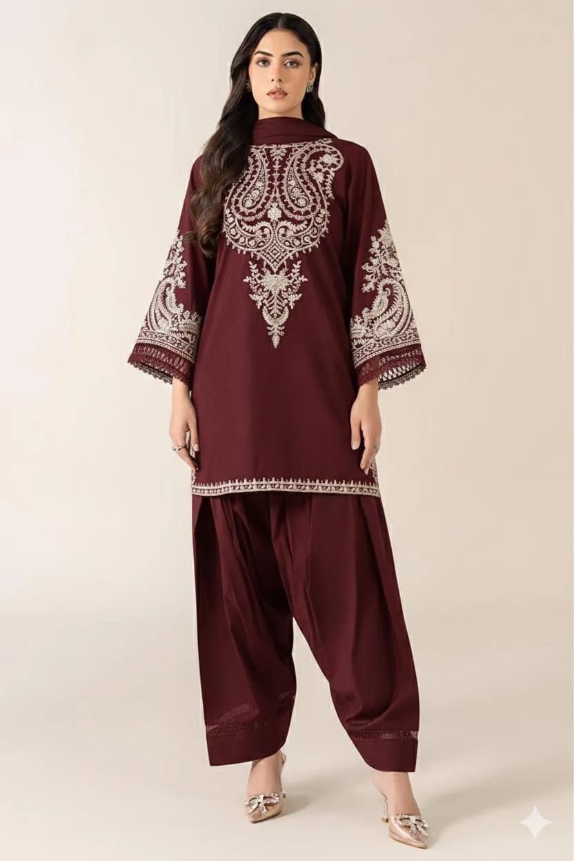 Maroon Embroidered Lawn 2-Piece Suit for Women